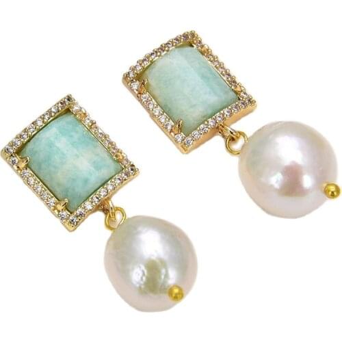 GG Jewelry Natural White Keshi Pearl Natural Green Amazonite CZ Stud Lever back Earrings trendy women