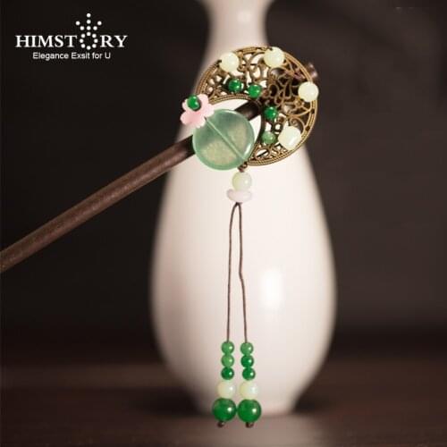 HIMSTORY Chinese Vintage Wood Hair Stick Handmade Green Beads Pendent Ethnic Hairpins Hair jewelry