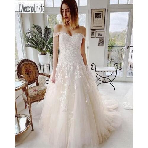 Ivory Lace Tulle Off The Shoulders Princess A-Line Wedding Dresses Chapel Train Sleeveless Bridal Gowns Custom Made