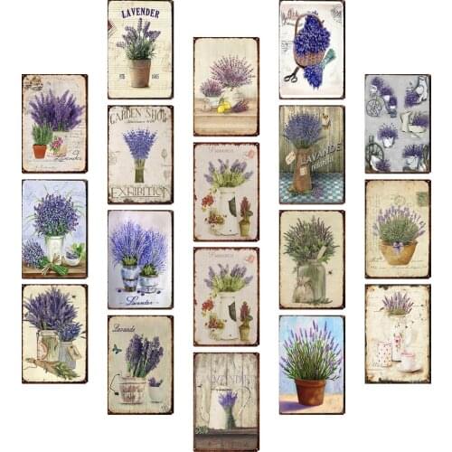 Lavender Purple Flower Metal Poster Pastoral Style Tin Sign Retro Plaque for Garden Parterre Fence Home Wall Vintage Plate Decor