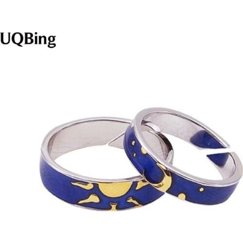 Fashion Epoxy Blue Sun Moon Van Gogh Starry Open Silver Color Rings Wholesale