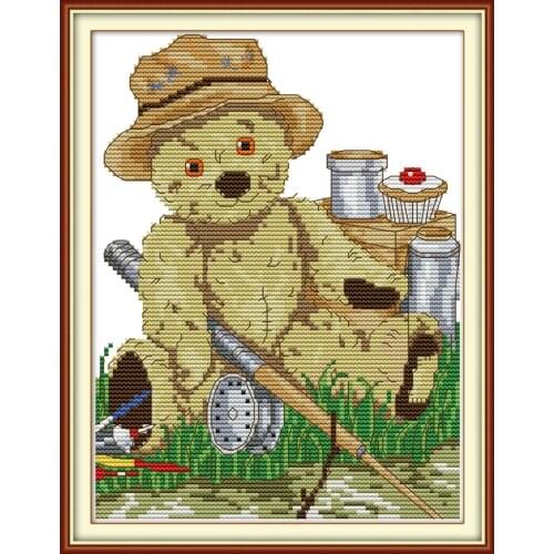 Bear fishing cross stitch kit aida 14ct 11ct count print canvas cross stitches needlework embroidery DIY handmade