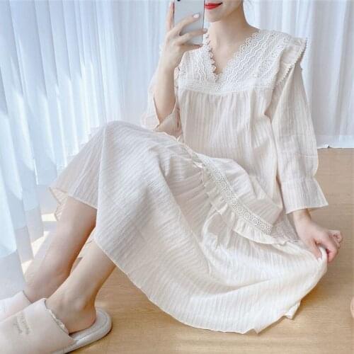 Nightdress Palace Style Lace Nightwear Cotton Home Clothes Autumn New Retro Long Sleeve loose Sleepwear Bathrobe Pijamas White