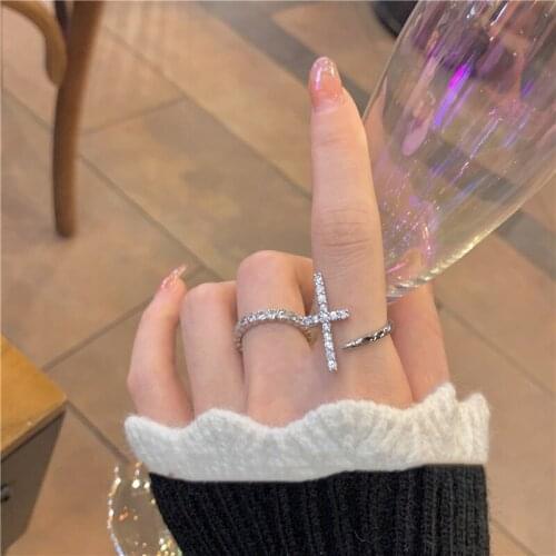 Origin Summer Minimalist Bling Bling Cross Ring for Women Delicate Shiny Rhinestone Open Index Finger Wedding Ring Jewellery
