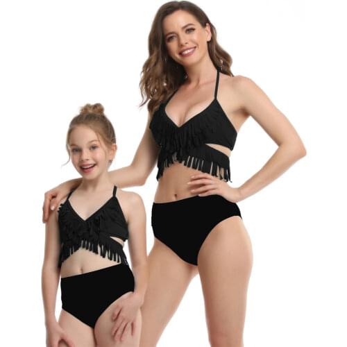 Family Matching Swimwear Mother Daughter Taseel Bikini Bathing Suit Brachwear Swimming Outfits Mom Kids Swimsuit Black Biquini