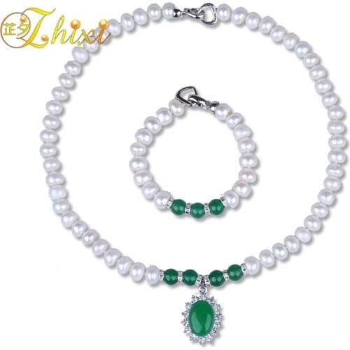 ZHIX Pearl Jewelry Sets Cultured Freshwater Pearl Necklace Bracelet 9-10mm Natural Stone Choker With Green Jade For Women T222