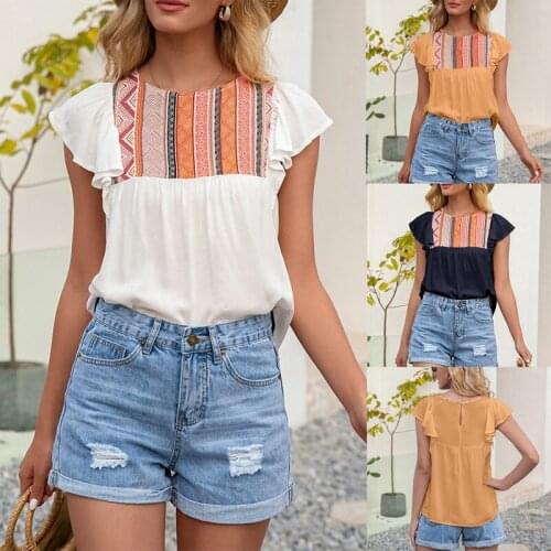 Womens Ethnic Style Round Neck Loose Lotus Leaf Short-Sleeved Blouse