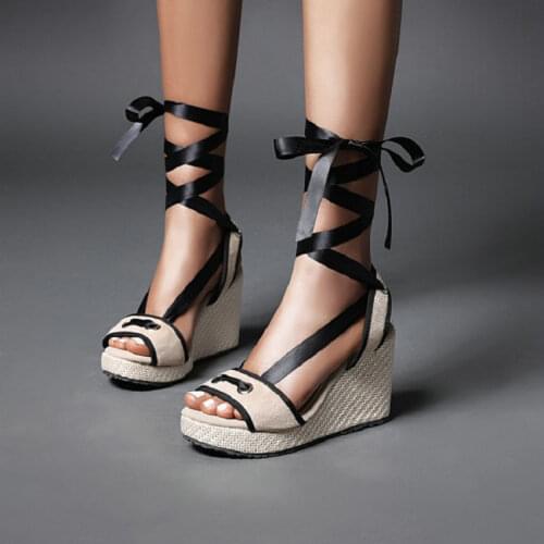 2020 Summer Wedge Platform Women Espadrille Sandals Ankle Strap Gladiator Sandals Lace-up Open Toe Hemp Women Platform Sandals