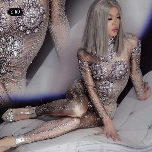 Luxury Shiny Crystal Rhinestone Jumpsuit Women Nude Tights One-piece Nightclub Pole Dance Costume Singer Bar Stage Costume Show