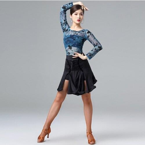 Floral Velvet Women Ballroom Dance Dress Samba Sexy Party Dresses Stretchy Mesh Latin Costume 2 Pieces Set (Top + Skirt)