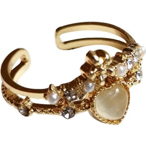 Gold Simple Heart Pearl Rhinestones Opal Ring Temperament Hollow Double Layer for Women Fashion Design Adjustable Ring Jewelry