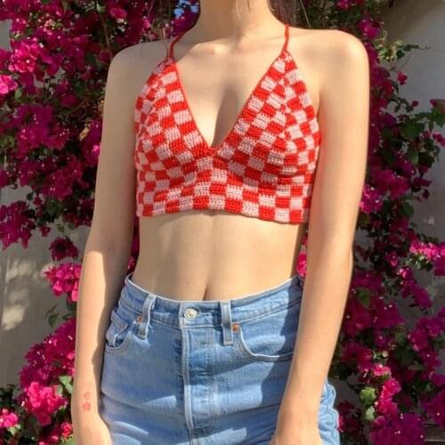 2021 Fashion Plaid Knitted Camisole Summer Women Sexy Backless Lace Up Tank Top Casual Sleeveless V Neck Crop Top Streetwear