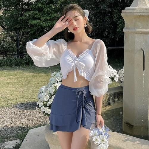 One-Piece Swimsuit 2020 Women Beachwear One Piece Bathing Suit Summer New Split Korean Long Sleeve Skirt Girls Print Polyester