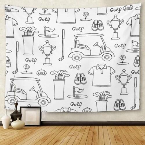 Black Drawn with Symbols of Golf on White Color Pattern The Hobby Game Recreation for Design Site Hand Tapestry Wall Hanging