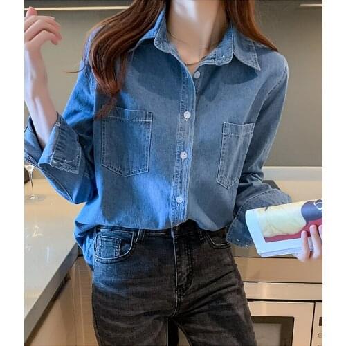Denim shirt jacket 2021 new spring Korean version of the Hong Kong style loose retro Hong Kong style shirt womens long-sleeved