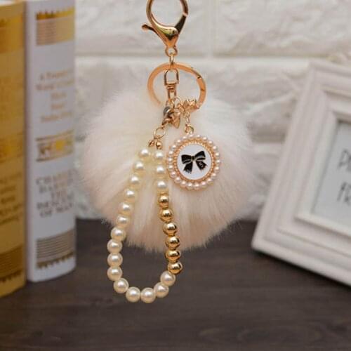 Imitation Pearls Decoration Rabbit Fur Ball Keychains Novelty Trinket Keyring Holder For Women Bag&car