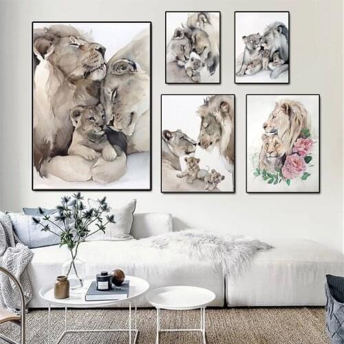 Watercolor Animal Canvas Painting Lion Poster Family Abstract Art Picture for Home Posters Prints Baby Room Decoration Paintings