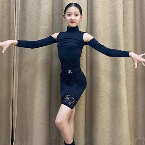 Latin Dance Costume For Girls Off-Shoulder Tops Lace Splicing Skirt Kids Latina Dance Clothes Salsa Samba Practice Wear DNV14488