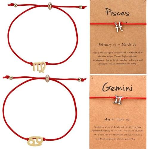 12 Constellation Fashion Red Rope Adjust Bracelets Wish Card Gold Silver Color Alloy Bracelets For Women Girl Cute Birthday Gift