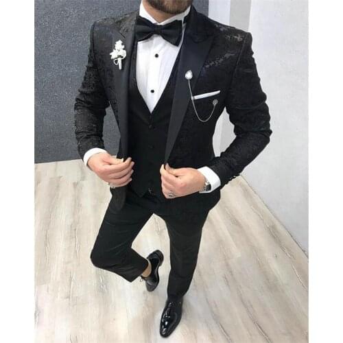 2021 Fashion 3 Pieces Men Suits Black Printed Floral Jacket Groom Smoking Prom Best Man Blazer Slim Fit Men Wedding Suits Tuxedo