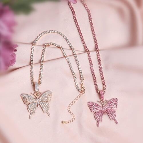 MWSONYA Fashion Rhinestone Butterfly Elegant Necklaces for Women Shining Temperament Necklace Long Pendant Party Charm Jewelry
