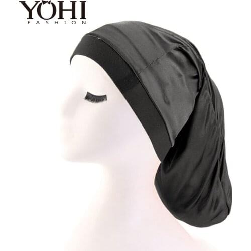2019 New wide elastic band Satin Pocket Bonnet silky dreadlock braids baggy cap Long Cylinder Sleeping Cap Hair accessories