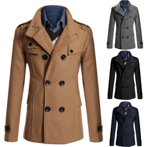 2021 Autumn Winter New Men Long Sleeve Lapel Collar Double-breasted Pockets Woolen Slim Trench Coat Male Slim Long Jacket
