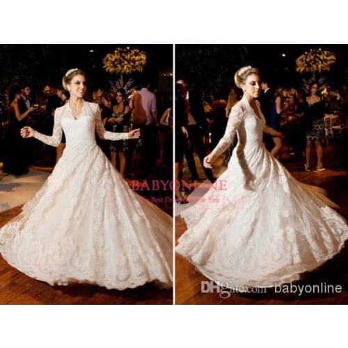 Bridal gowns casamento vestido de noiva 2016 new romantic v-neck long sleeve lace appliques vintage wedding dress free shipping