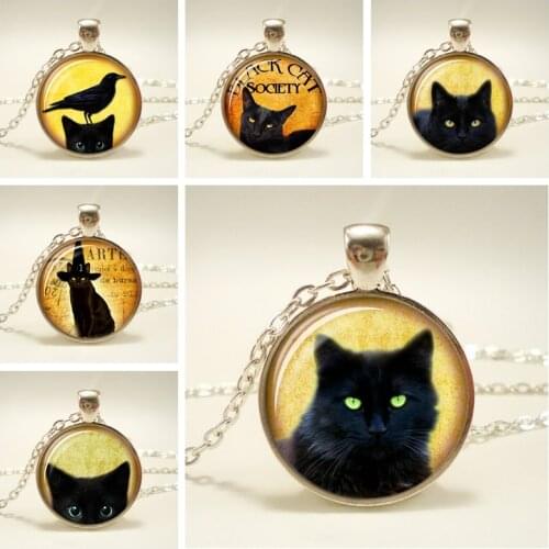 Unique Necklace Glass Cabochon Silver Color Chain Necklace Black Cat Picture Vintage Pendant Necklace for Women