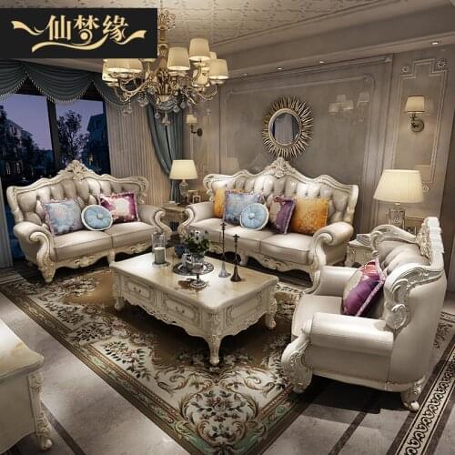 Xianmengyuan European style genuine leather solid wood carved sofa luxury high grade villa living room combination furniture