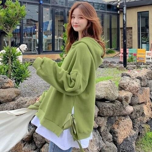 Women with Hat Hoodies Solid Sweatshirts Side-slit Lace Up Loose Oversize 3XL Womens Casual Tops Korean Style Hooded Pullover