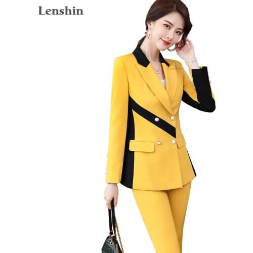 Lenshin High Street Fashion Style 2 Piece Set for Women Contrast Pant Suit Business Office Lady Work Wear Blazer and Trouser Set