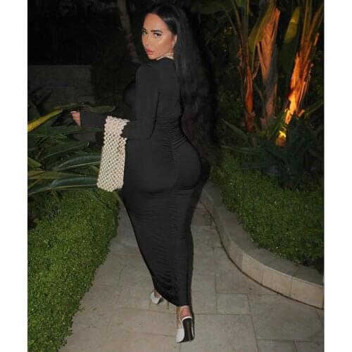 VAZN 2020 Autumn Hot Plus Size Black Sexy Club Sweet Young Style Deep V-Neck Full Sleeve High Waist Women Thin Maxi Dress