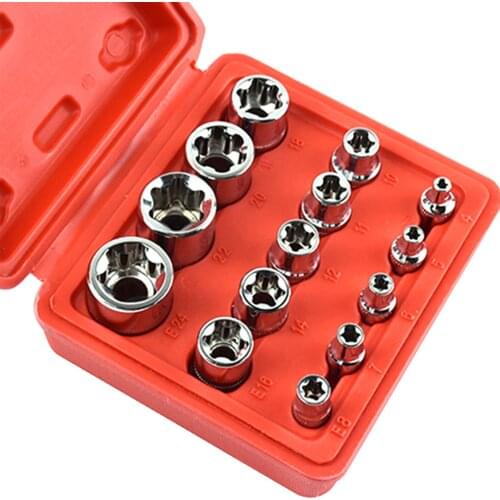 14Pcs Female Star Bit Sockets Set 1/2'' 3/8'' 1/4'' Drive Sockets E4 -E24 with Storage Box