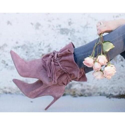 2018 Fashion Suede Leather Spring Hot Women Point Toe Mid-Calf Boots Lace Up Ladies High Heel Boots Female Elegant Dress Boots