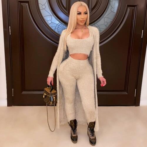 2020 Best Quality Famous Brand 3 pcs Women Set Solid X-Long Coats Tank and Long Pants Winter Outfits