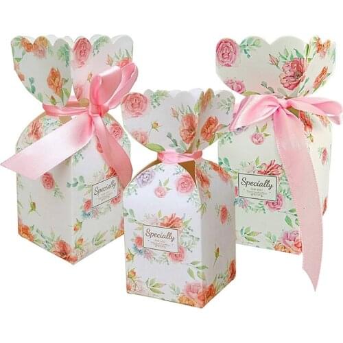 50 Pcs Floral Pattern Candy Boxes Wedding Bridal Shower Baby Birthday Party Favor Gift Box with 50Pcs Light Pink Ribbon