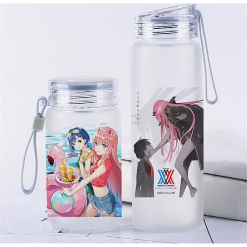 Anime DARLING in the FRANXX Cartoon Pattern Portable Glass Water Bottle Travel Cup Cosplay Prop for Women Men Gift 1pcs