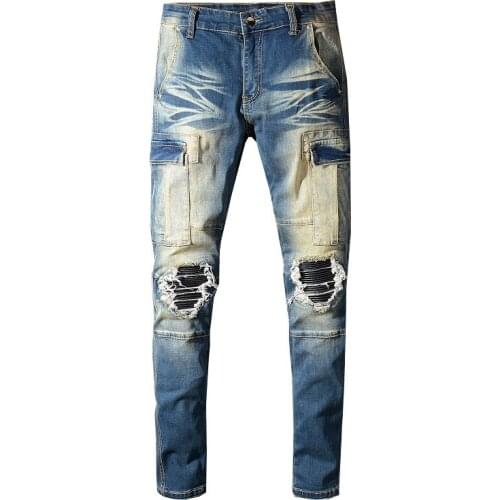 New Mens Male Trousers Street Fashion Brand Old Worn Yellow Jjeans Mens Slim Big Pocket Overalls Knee Hole Patch Denim Pants