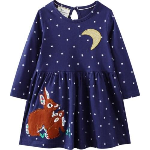 Jumping meters Breathable Girls with Rabbit Stars and Moon Pattern Round Neck Cotton Kids Summer Long Sleeve Dress for 2-7Years