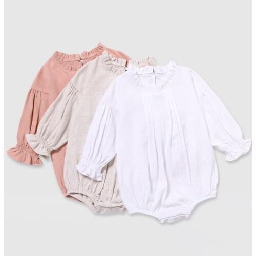 Childrens Long-Sleeved Cotton And Linen Romper Autumn Solid Color Baby Girls Casual Bodysuit WT006