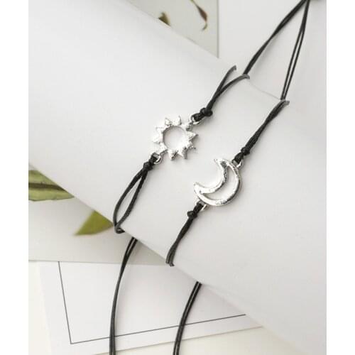 2Pcs Bracelets Set For Women Handmade Braided Black Thread Rope Bohemian Sun & Moon Charm Couples Bracelets For Women