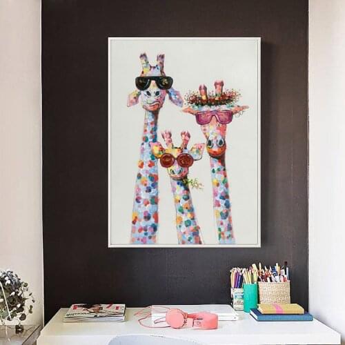Colorful Giraffe Family Wearing Glasses Graffiti Art Canvas Print Painting Funny Kids Room Wall Picture Home Decoration Poster