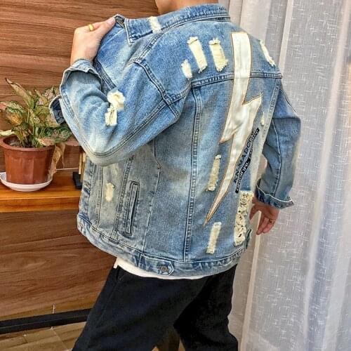Punk Style Hip Hop Coats Fashion Streetwear Men Jackets Flash Printed Denim Jackets Men Destroyed Embroidery