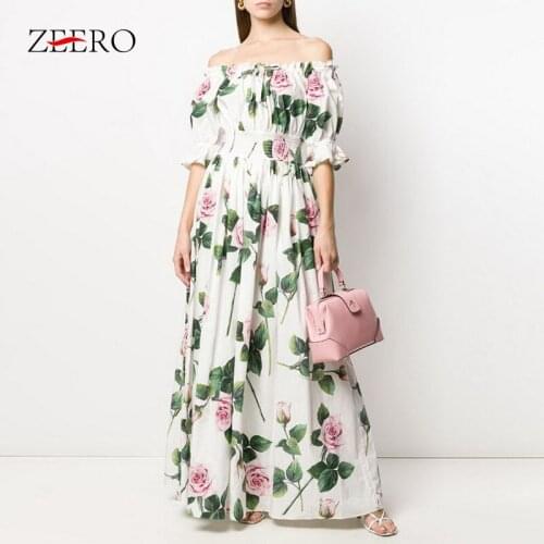 Summer Women Rose Print Runway Off Shoulder Slash Neck Sexy Beach Boho Dress Elegant Female Cotton Maxi Party Dresses Vestidos