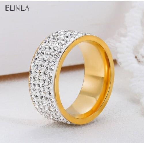 BLINLA Fashion Vintage 5 Row Crystal Gold Silver Color Rings for Women Men Stainless Steel Rhinestone Wedding Party Ring Jewelry