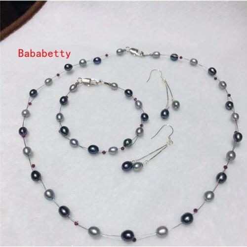 New Handmade Natural Freshwater 5-6MM Pearl Rice Shaped Gray Black Necklace 18" Bracelet7.5" Earrings Set AAA