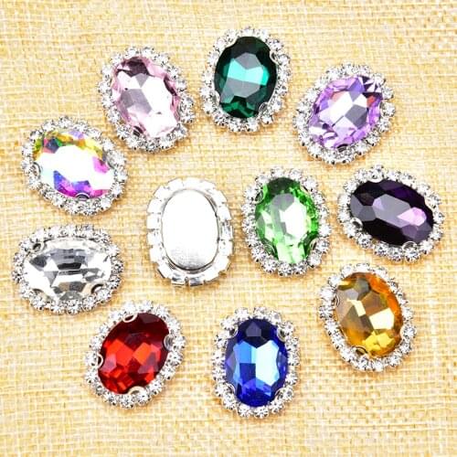 New 15pcs Silver Buttom Clear Crystal Rhinestones Mix Color Glass 13*18mm Oval Claw Sewing For Clothing Wedding Dress DIY
