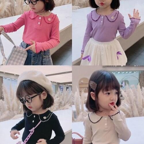 2020 Autumn New Baby Girl Tshirt 2 3 4 5 6 Years Kids Solid Doll Collar Casual Tops for Girl Childrens Long Sleeve Tshirts
