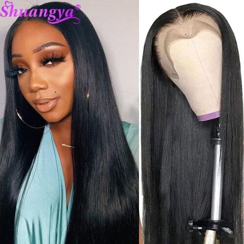 Shuangya Straight Hair Lace Closure Wig Pre Plucked 4x4 Lace Closure Wig Peruvian Remy Human Hair T Part Transparent Lace Wigs